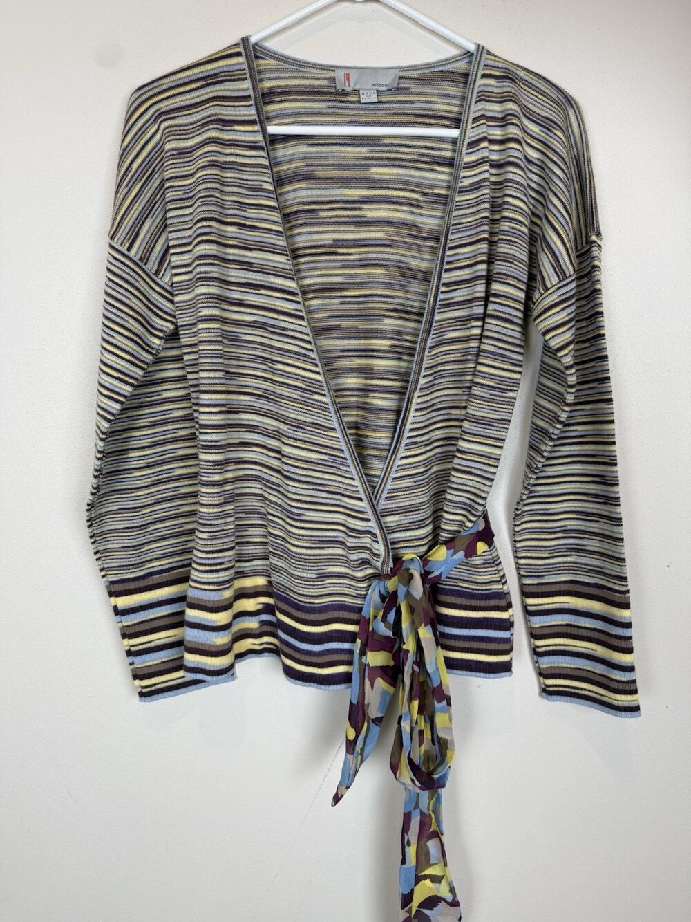 MISSONI Wool Silk Blend Wrap Belted Front Sweater Purple Brown Yellow 44 M READ